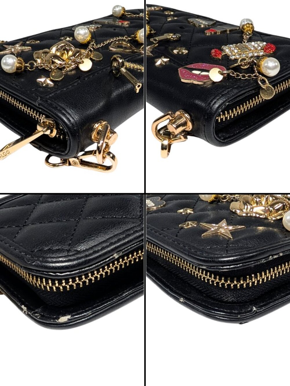 Aldo Black Quilted Faux Leather Zippy Charm Large Wallet on Chain Crossbody - Picture 6 of 9